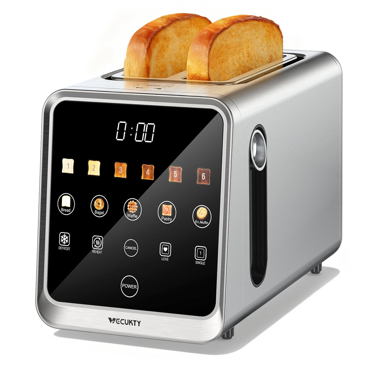 Digital 2 Slice Toaster, Dual Control Panel Smart Toaster with TouchScreen, Single Slot Toasting, Reheat & Defrost for Bagels, Bread, Waffles